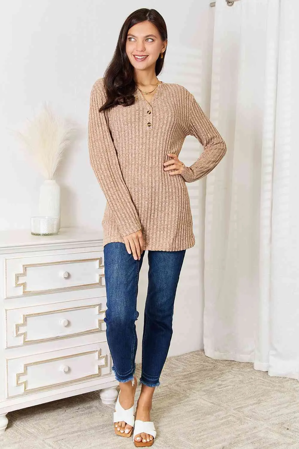 Double Take Notched Neck Ribbed Long Sleeve Top