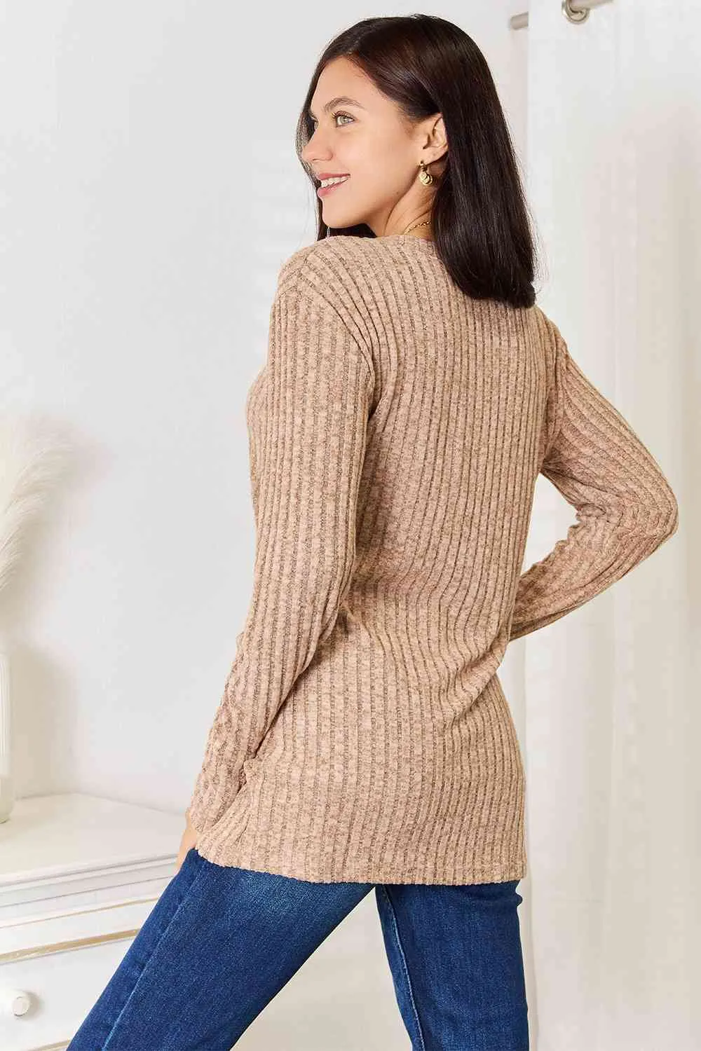 Double Take Notched Neck Ribbed Long Sleeve Top