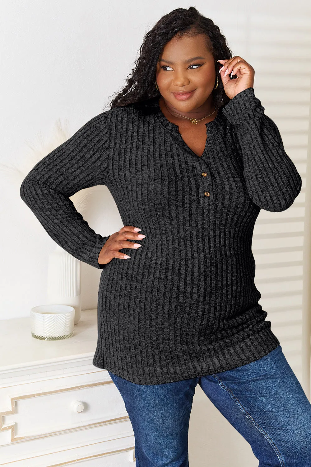 Double Take Notched Neck Ribbed Long Sleeve Top
