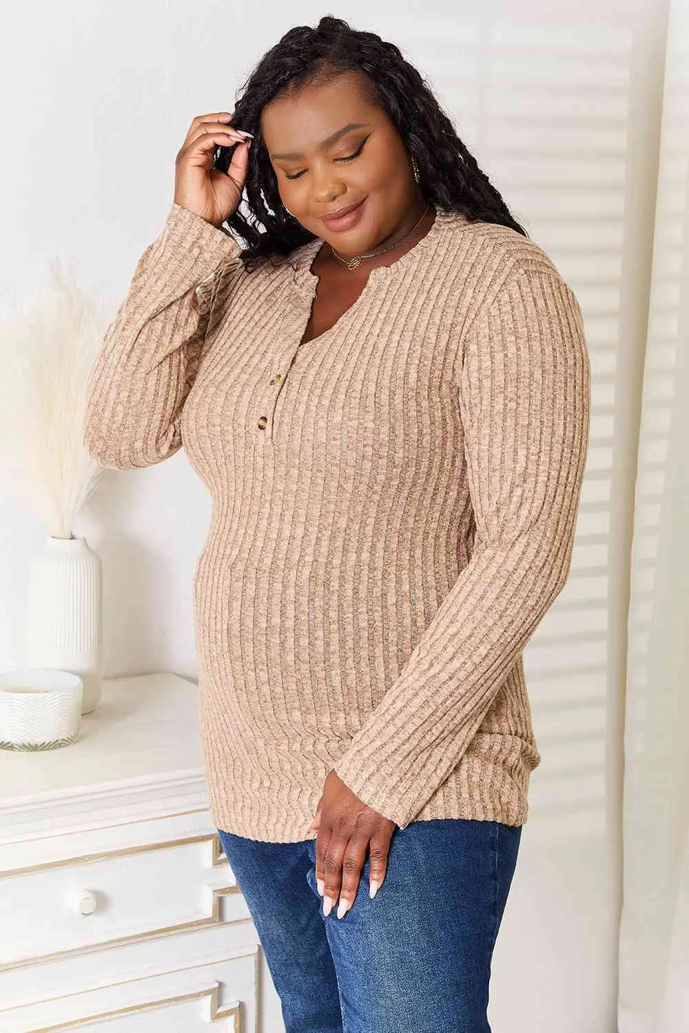 Double Take Notched Neck Ribbed Long Sleeve Top
