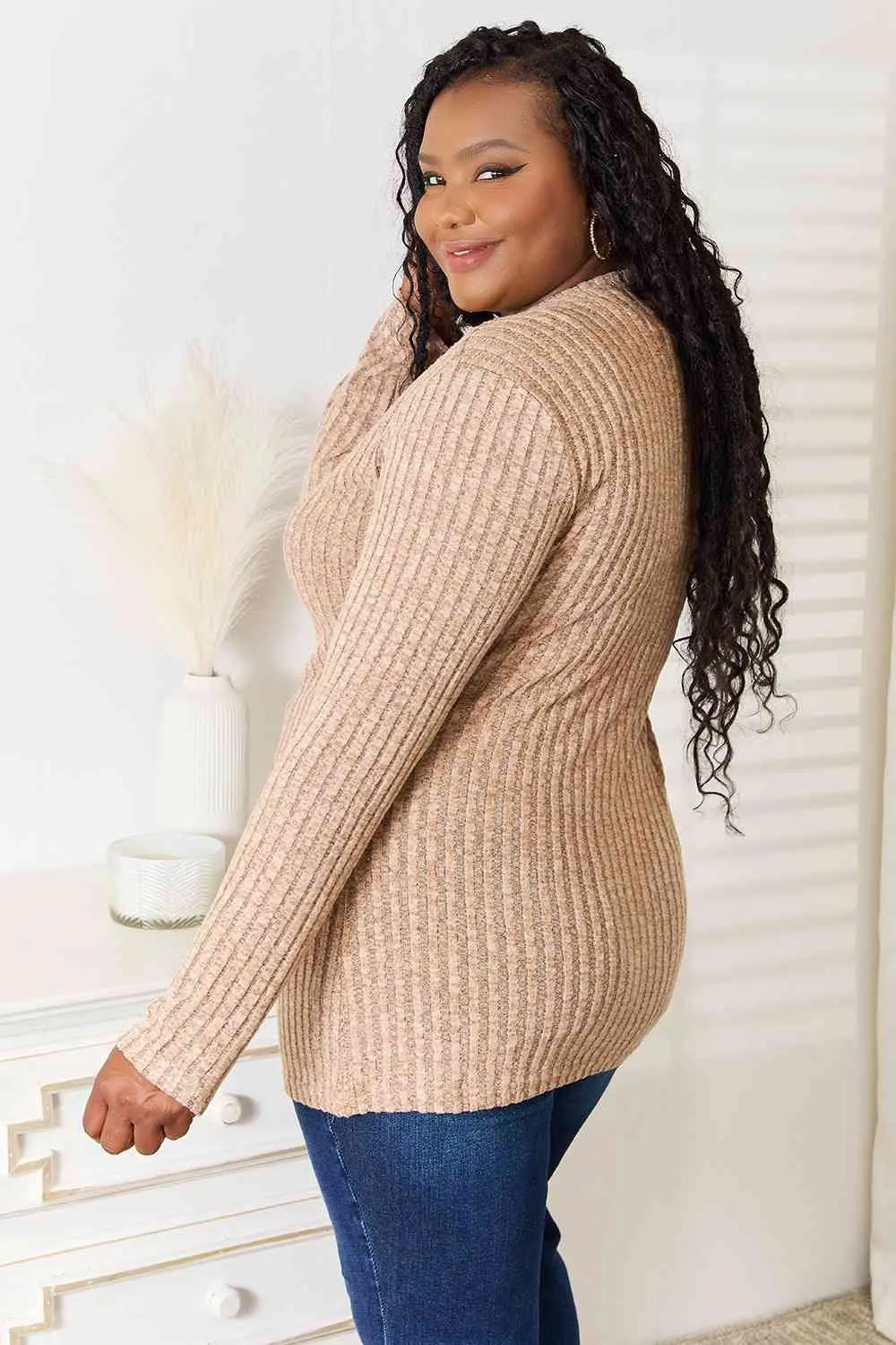 Double Take Notched Neck Ribbed Long Sleeve Top