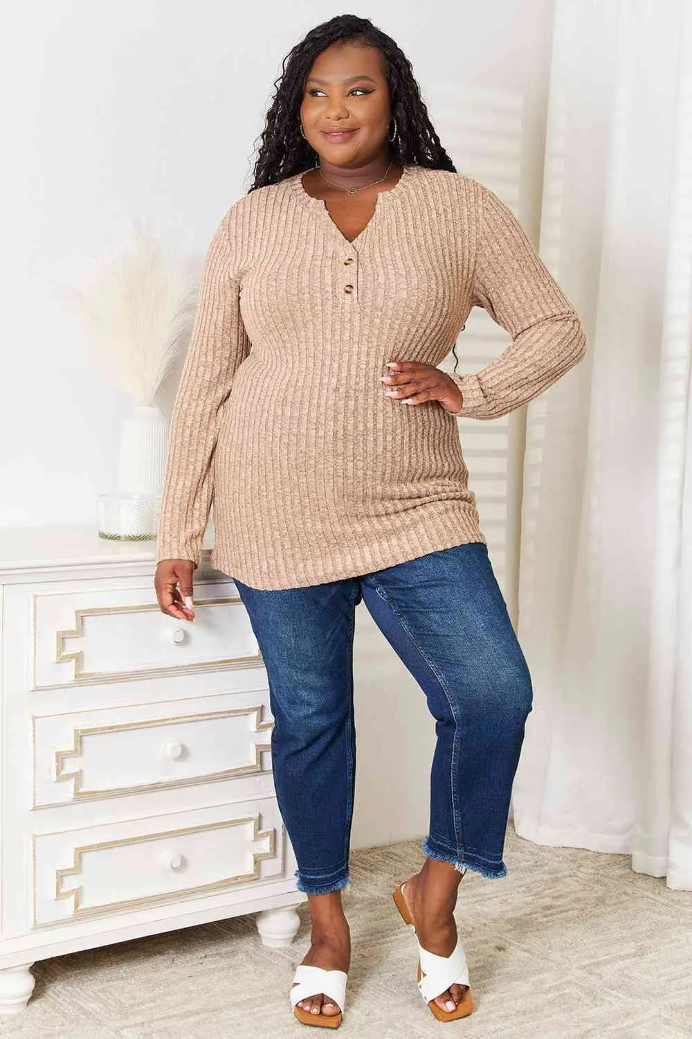 Double Take Notched Neck Ribbed Long Sleeve Top
