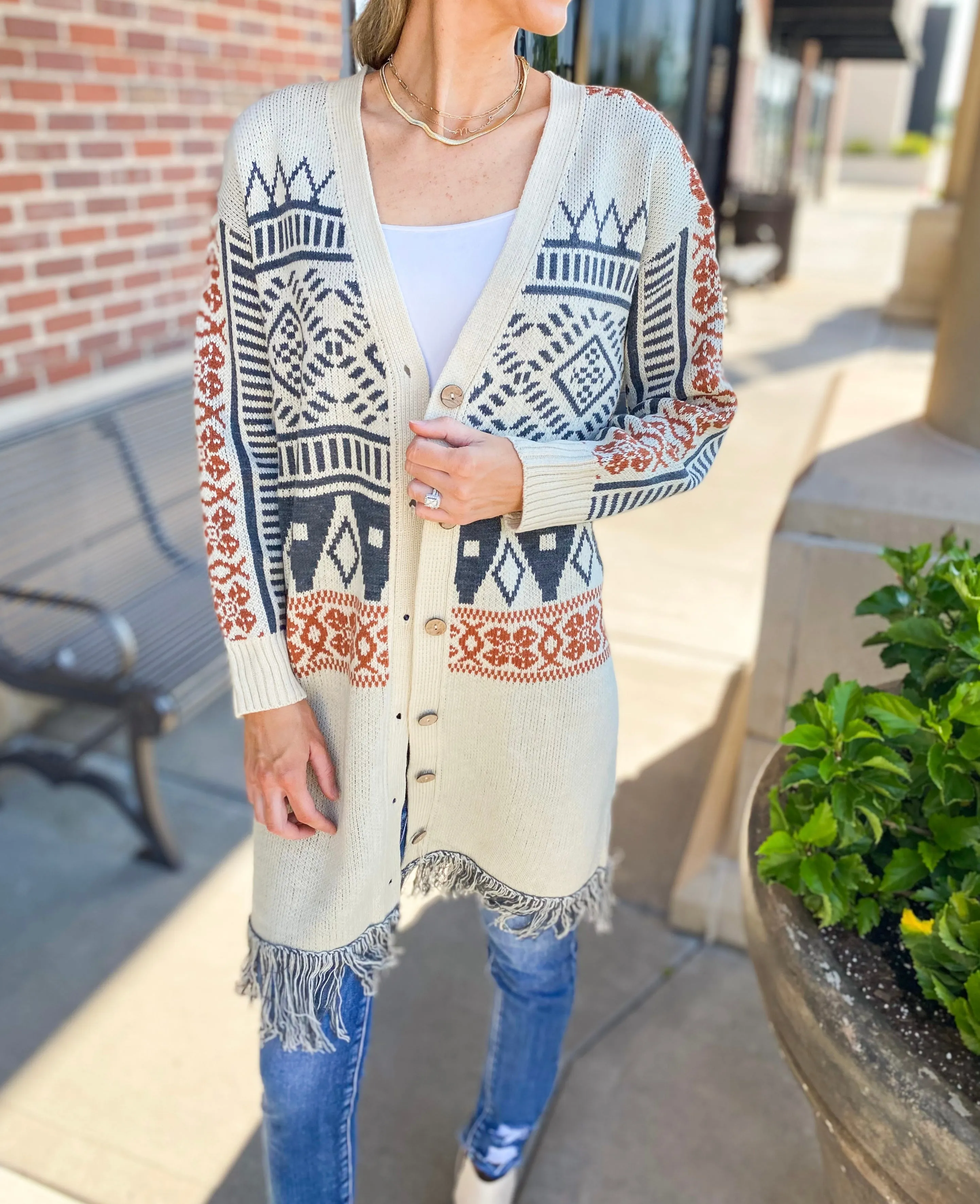 Dunn Aztec Frayed Oversized Long Cardigan