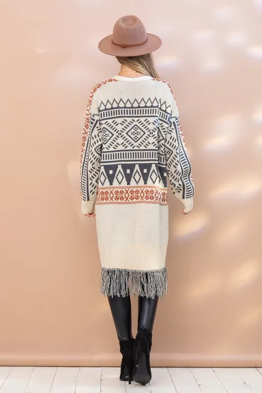 Dunn Aztec Frayed Oversized Long Cardigan