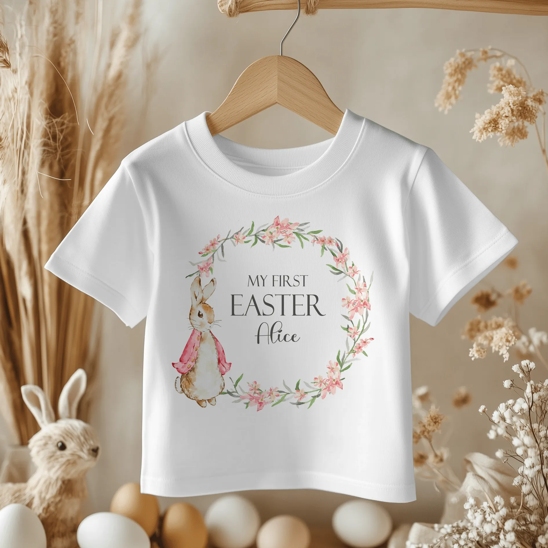 Easter Peter Rabbit Inspired Wreath (Girl) Personalised Toddler & Kids T Shirt