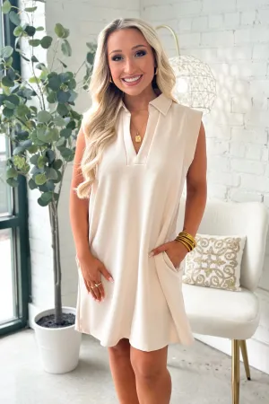 Ecru Collar Ribbed Sleeveless Dress