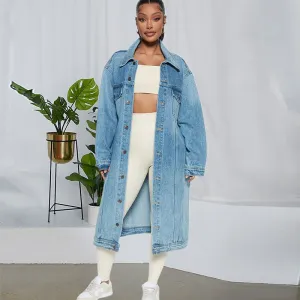 EdgeStride Longline Oversized Button-Up Trench Denim Jacket