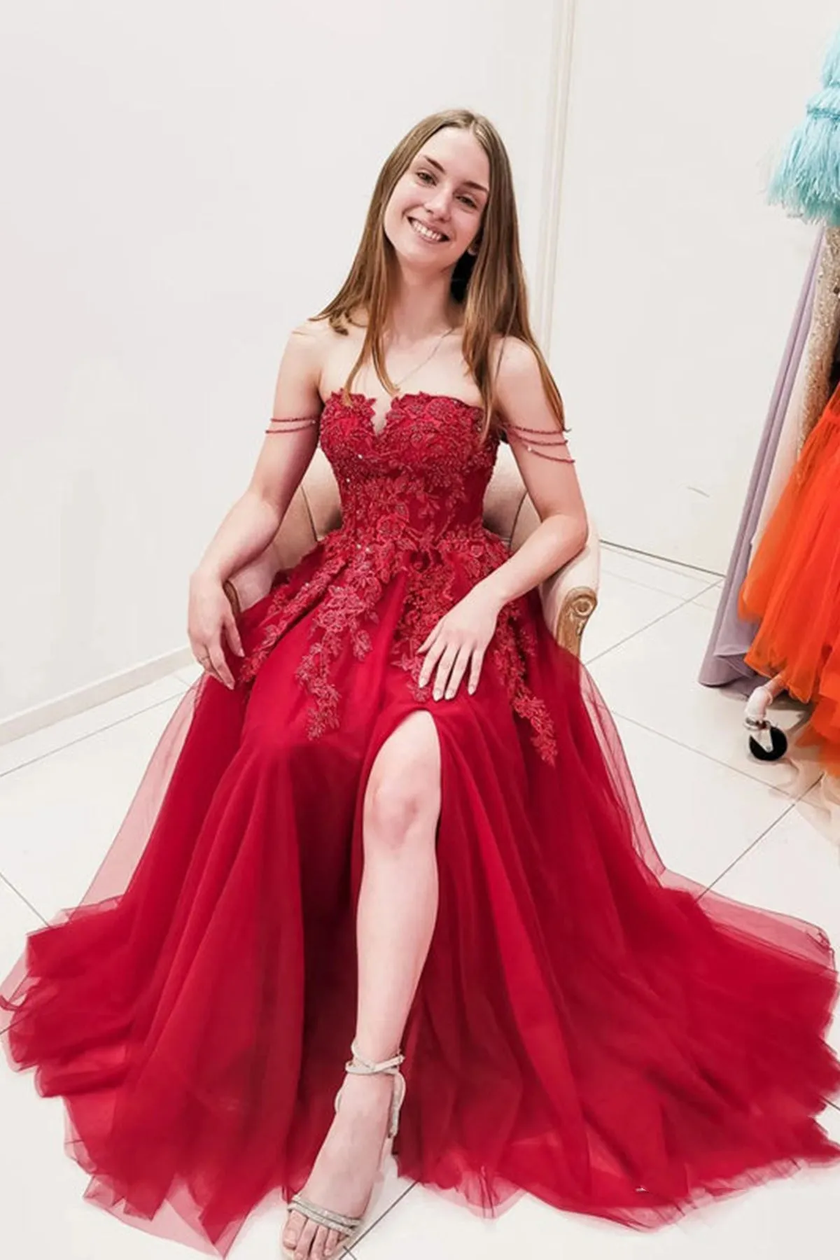 Elegant Off Shoulder Burgundy Lace Long Prom Dress with High Slit, Burgundy Lace Formal Dress, Burgundy Tulle Evening Dress A1471