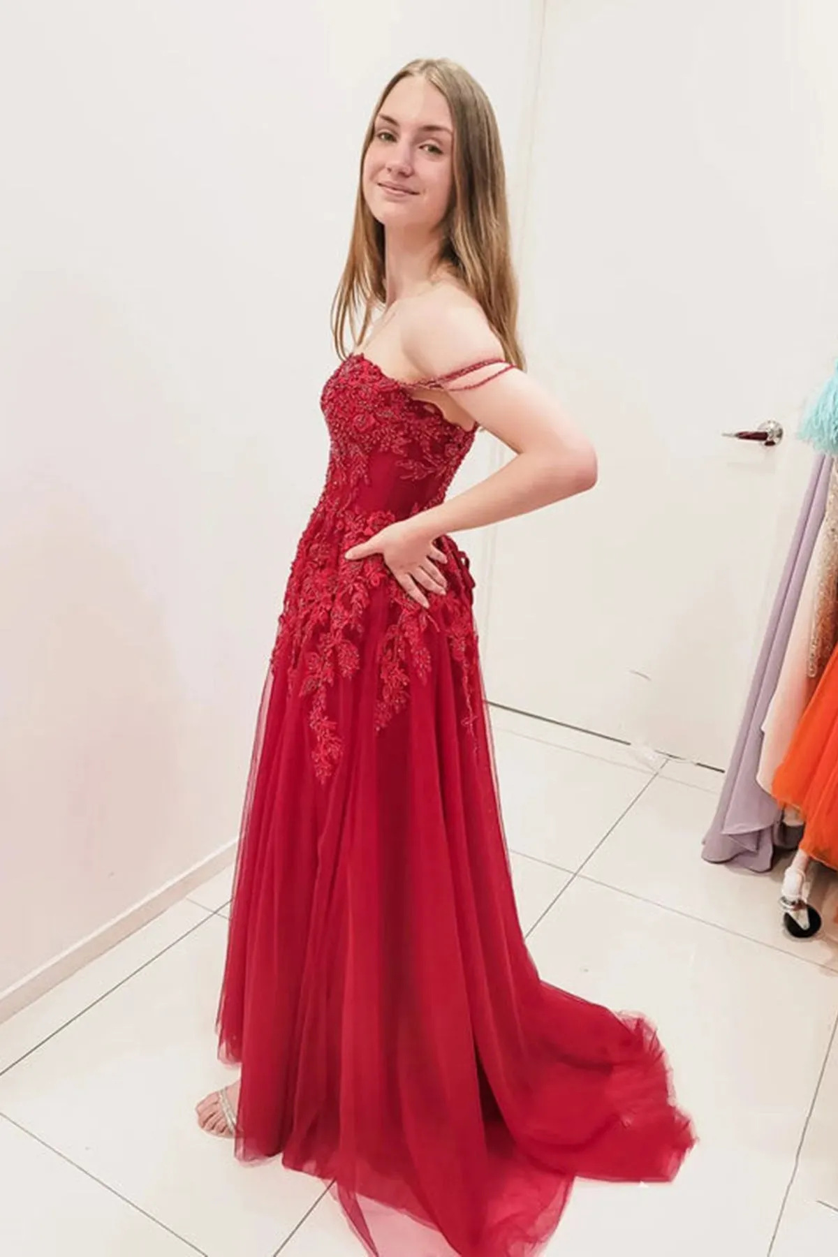 Elegant Off Shoulder Burgundy Lace Long Prom Dress with High Slit, Burgundy Lace Formal Dress, Burgundy Tulle Evening Dress A1471