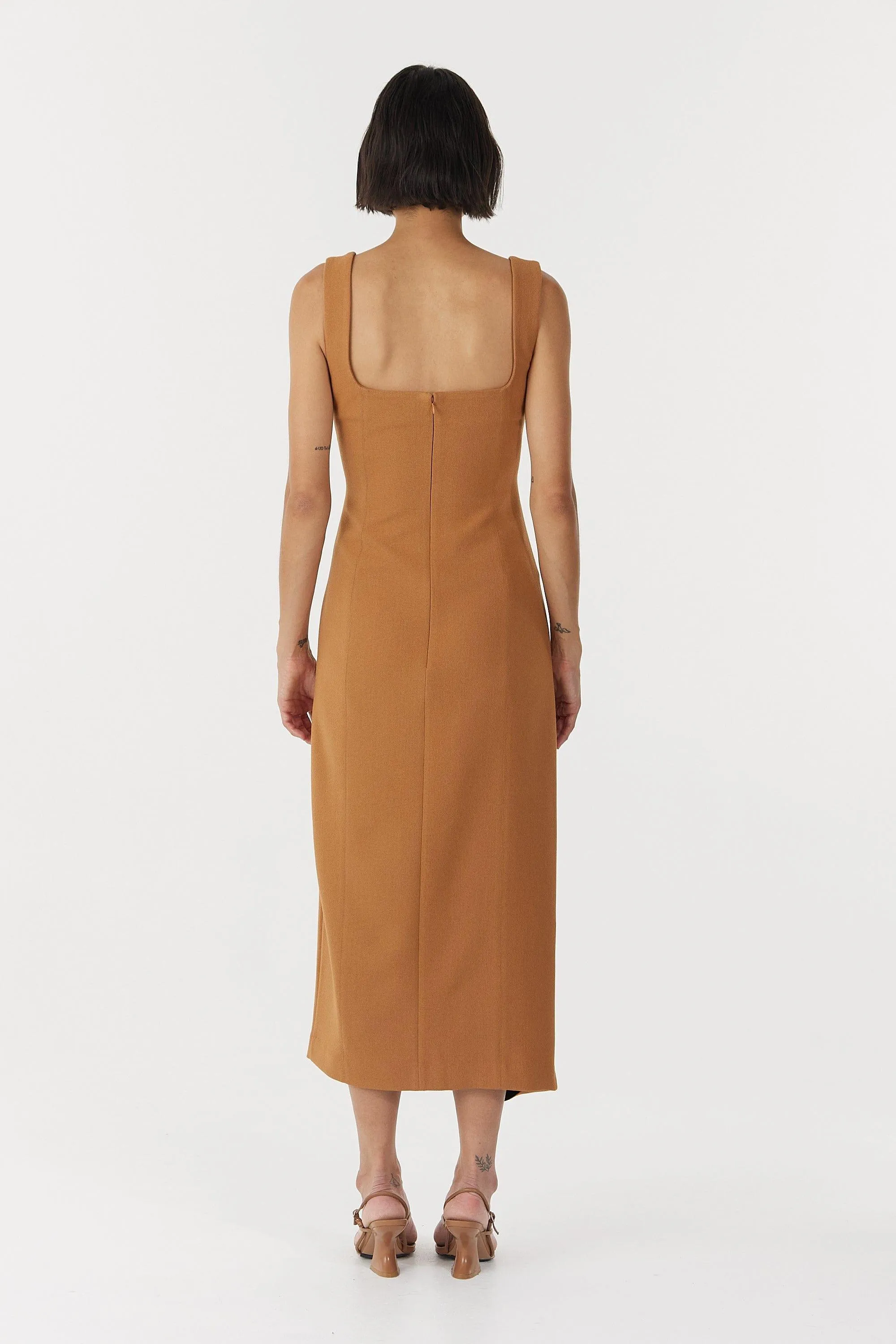 ENIGMA TUCK DRESS | CAMEL