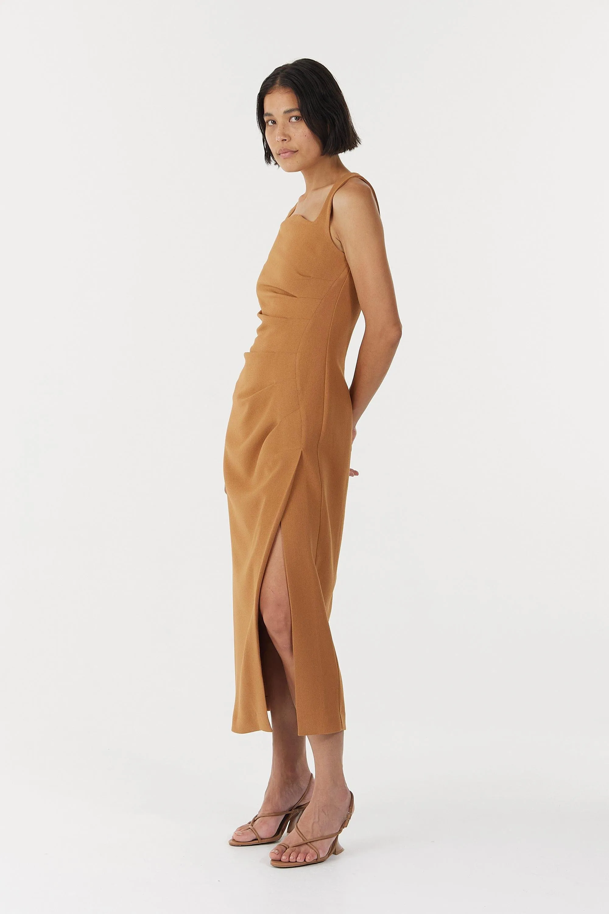 ENIGMA TUCK DRESS | CAMEL