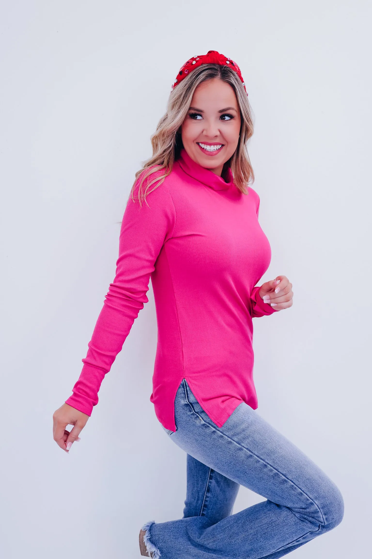 Essence Mock Neck Ribbed Top - Pink