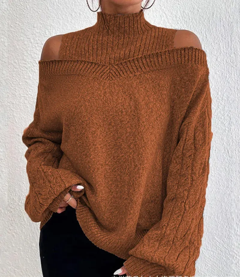 Exposed Knit Cold Shoulder Turtleneck Sweater