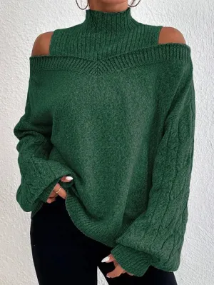 Exposed Knit Cold Shoulder Turtleneck Sweater