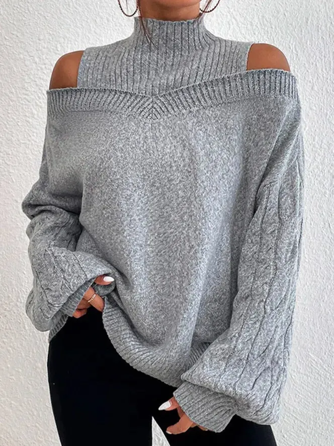 Exposed Knit Cold Shoulder Turtleneck Sweater