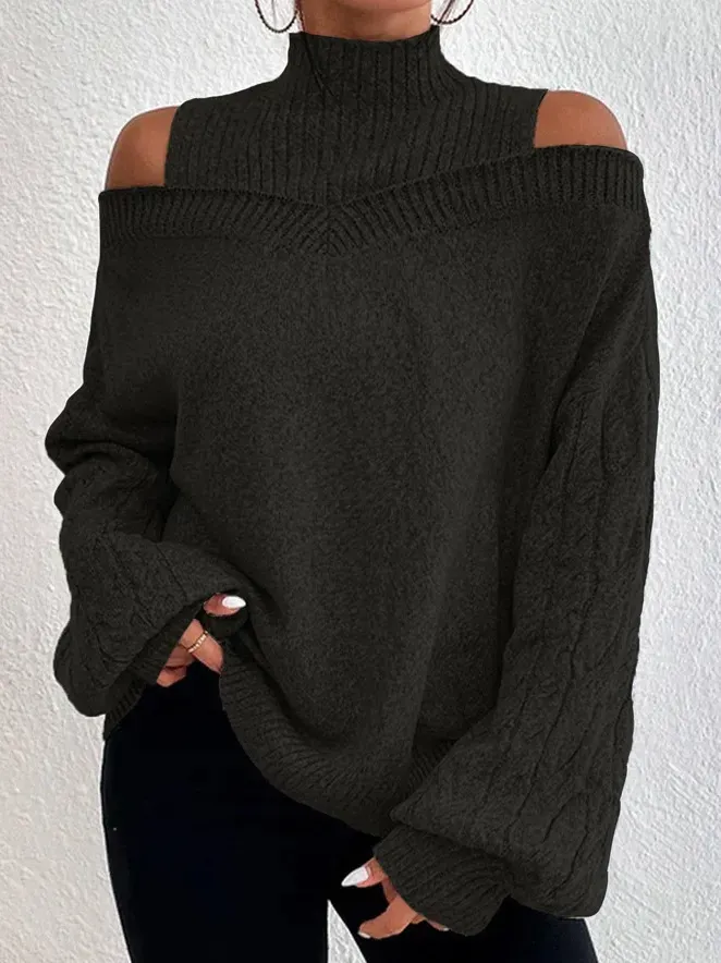 Exposed Knit Cold Shoulder Turtleneck Sweater