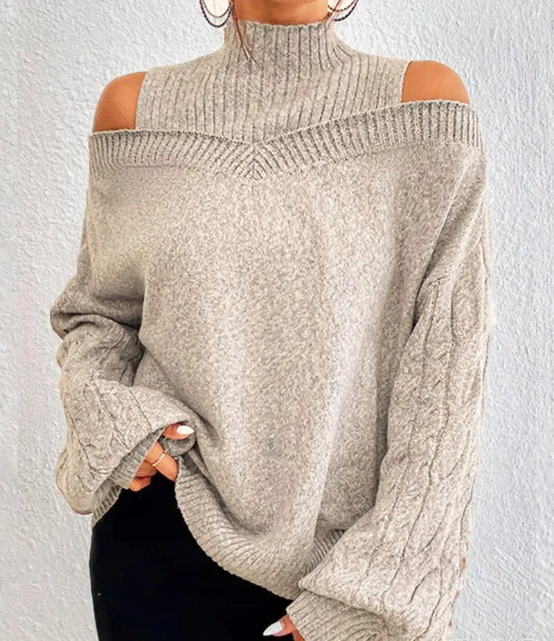 Exposed Knit Cold Shoulder Turtleneck Sweater