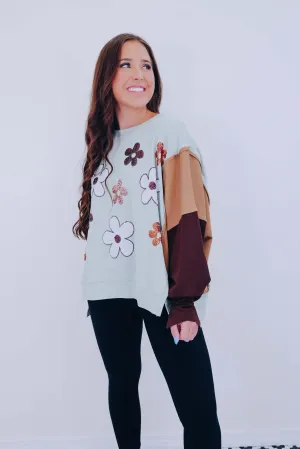 ***Falling For Mod Floral Sequin Sweatshirt- Sage SAMPLE