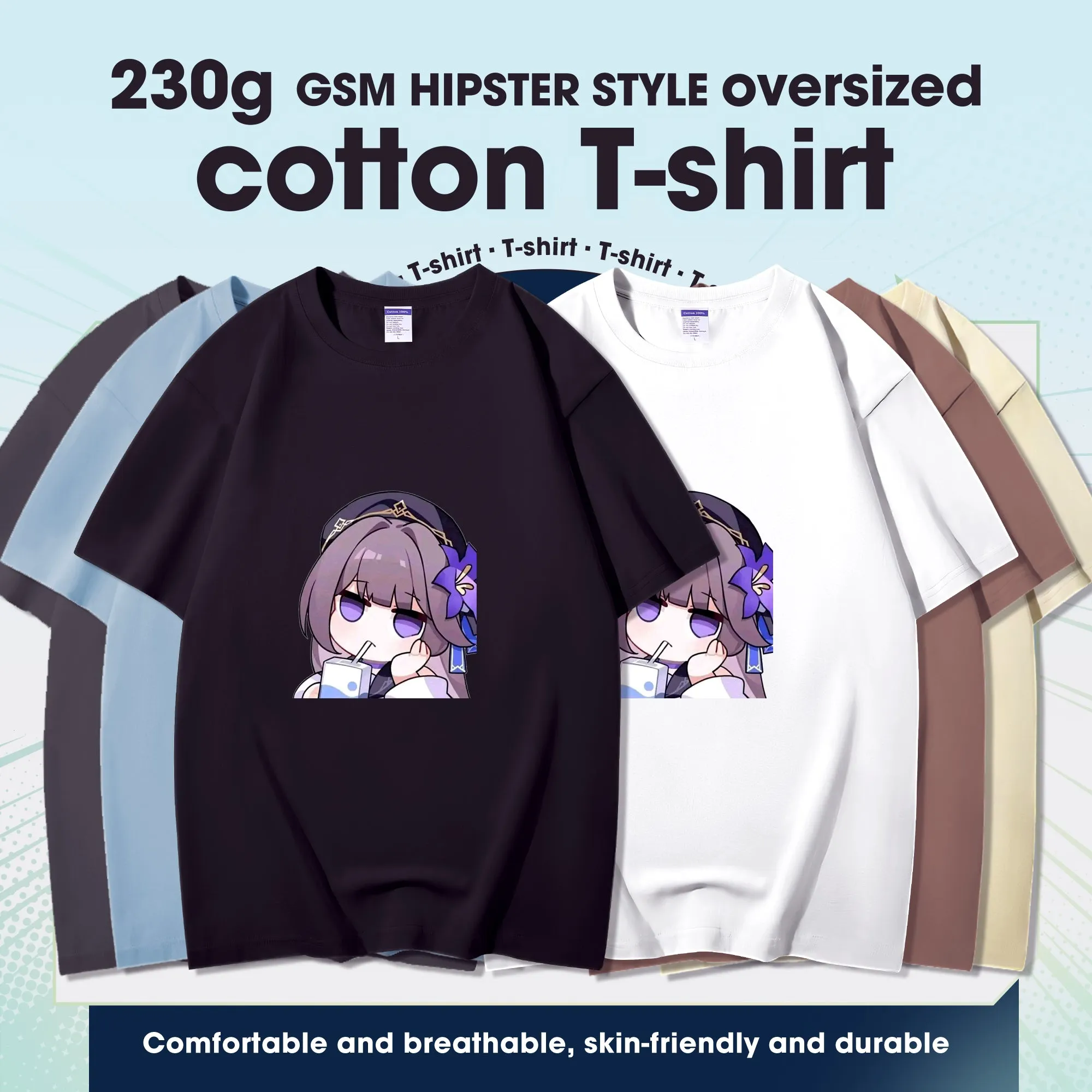 Fashion Anime Honkai: Star Rail Herta 230g GSM Hipster Style Oversized Cotton T-shirt