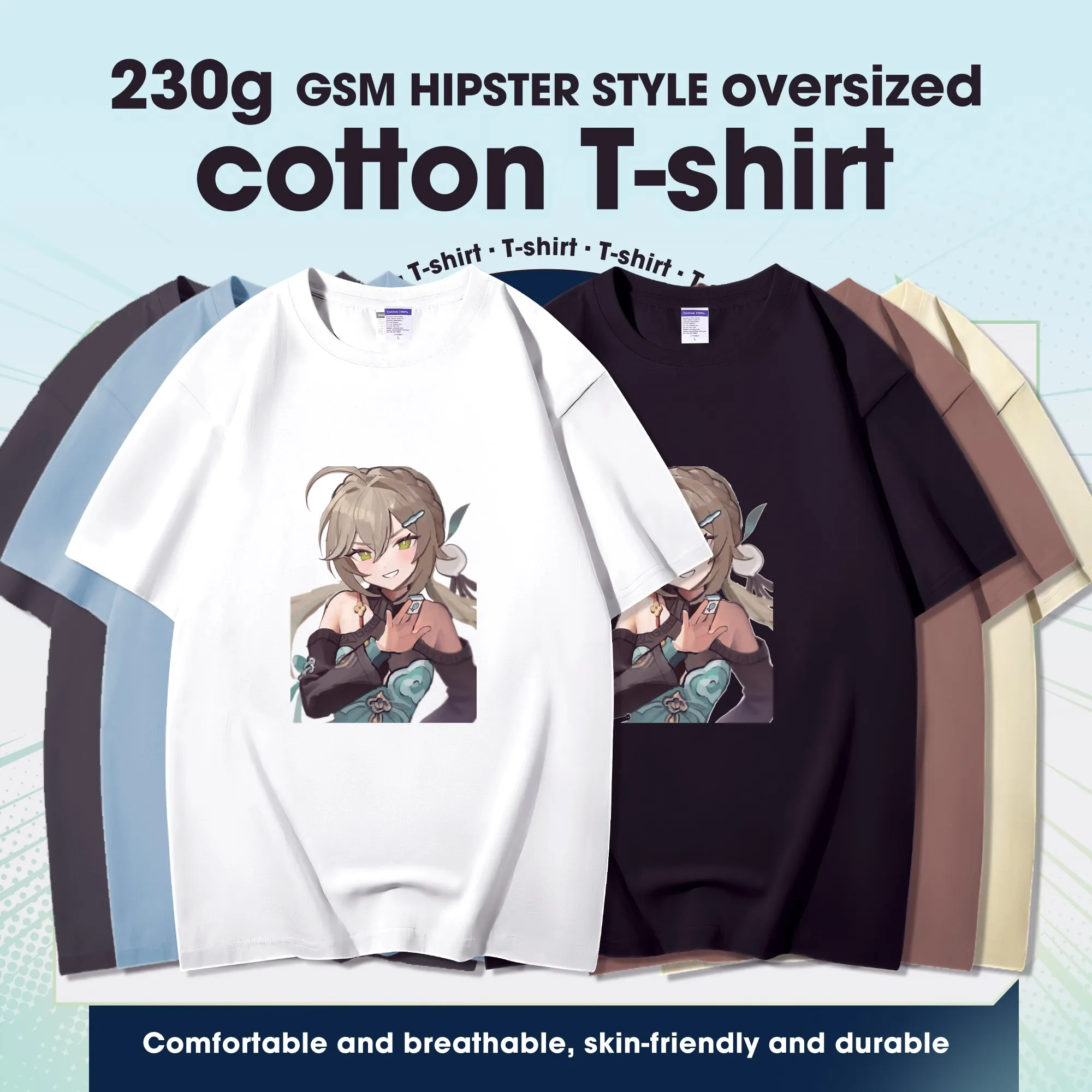 Fashion Anime Honkai Star Rail Qingque 230g GSM Hipster Style Oversized Cotton T-shirt