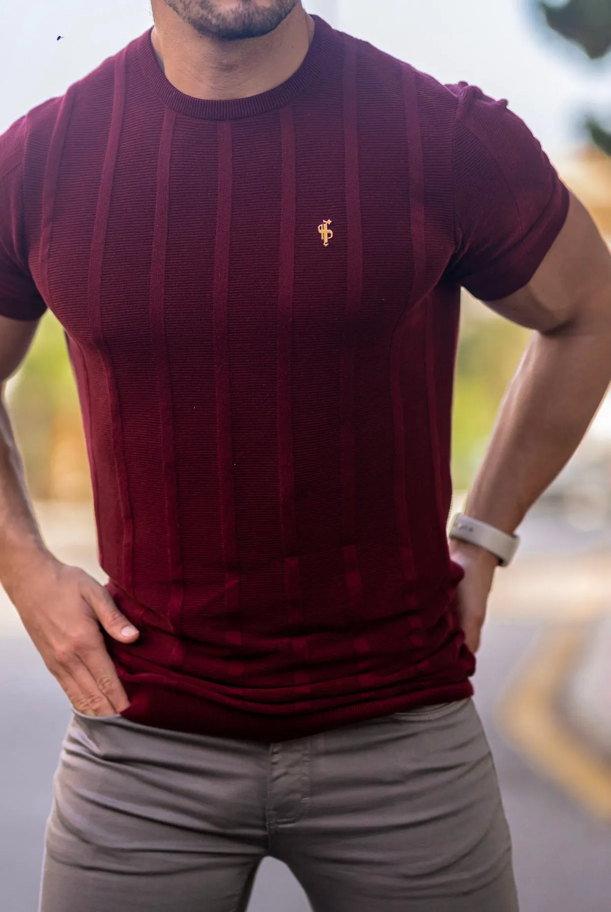 Father Sons Classic Short Sleeve Burgundy Knitted Wide Rib Crew with Gold Emblem - FSH563
