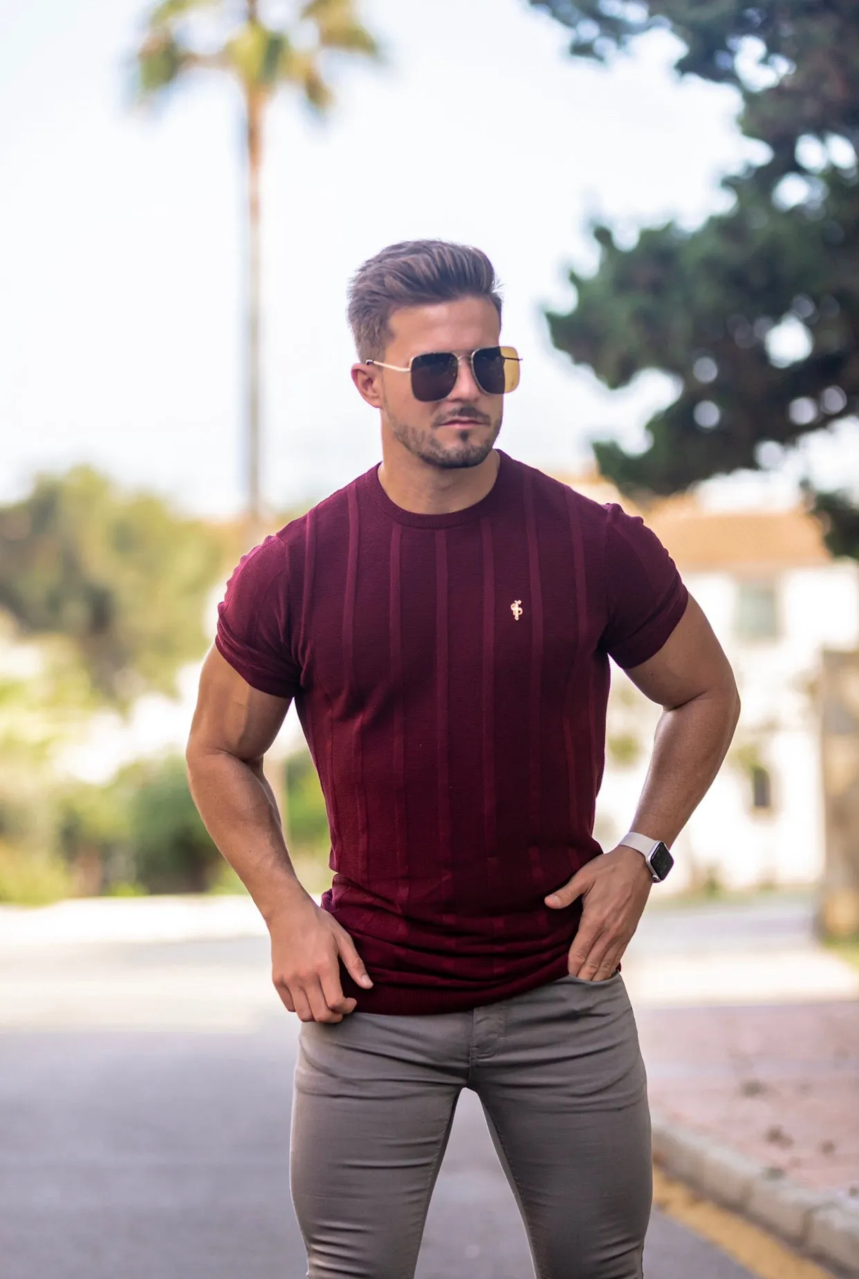 Father Sons Classic Short Sleeve Burgundy Knitted Wide Rib Crew with Gold Emblem - FSH563