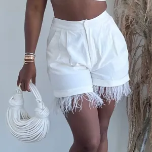 FeatherLuxe High Waist Tailored Feather Trim Shorts