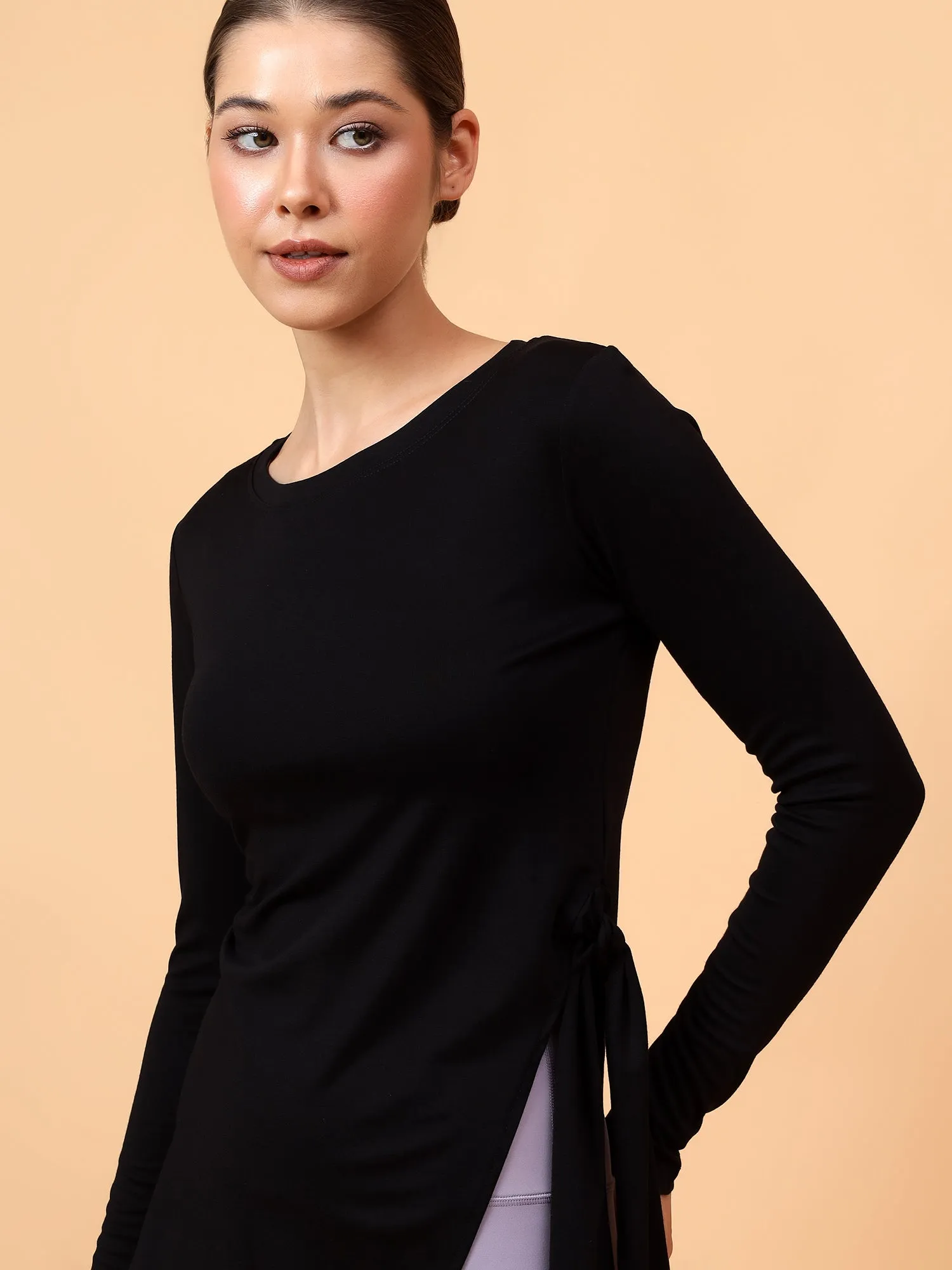 Fitkin Women Black Side Knot Tshirt