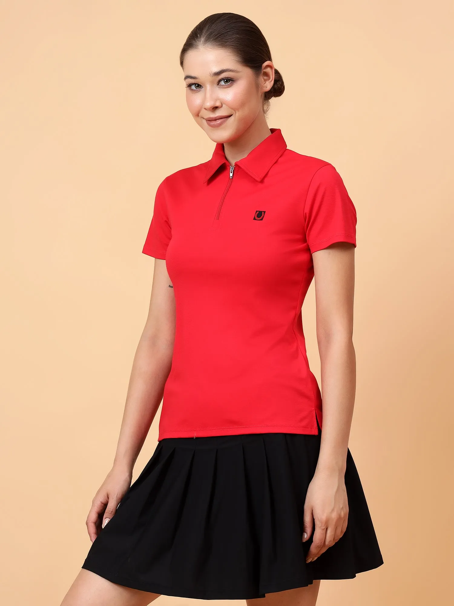Fitkin Women Red Front Zipper Polo Tshirt