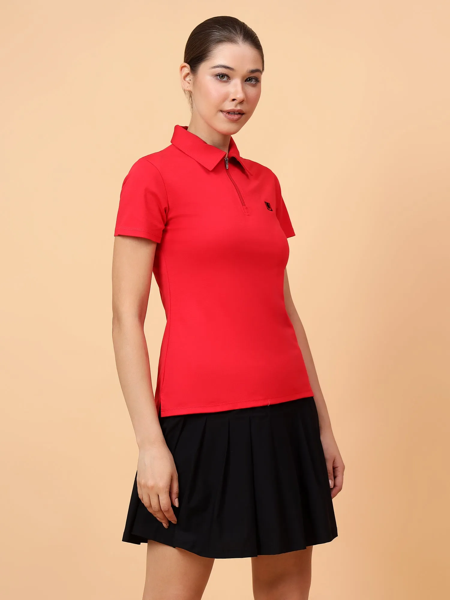 Fitkin Women Red Front Zipper Polo Tshirt