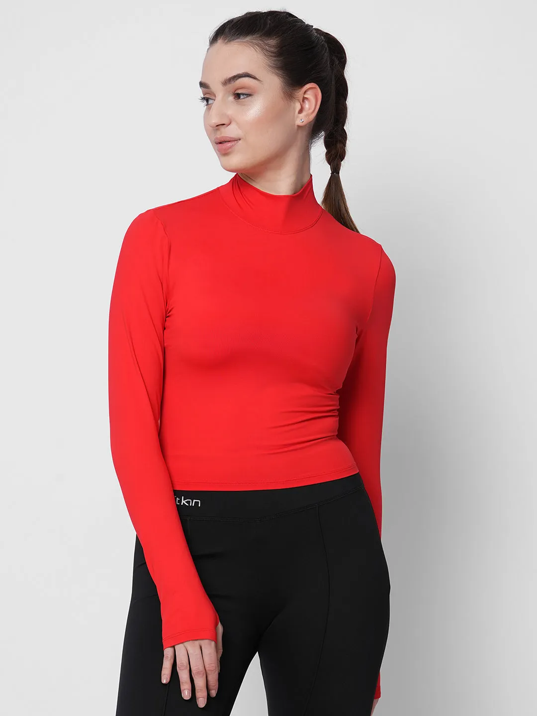 Fitkin women red high neck fitted tshirt