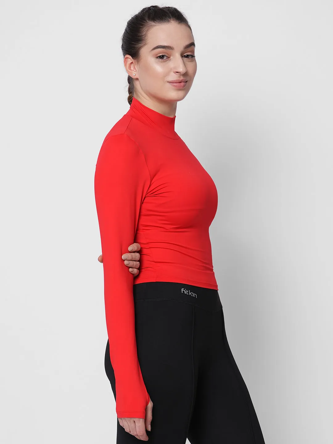 Fitkin women red high neck fitted tshirt