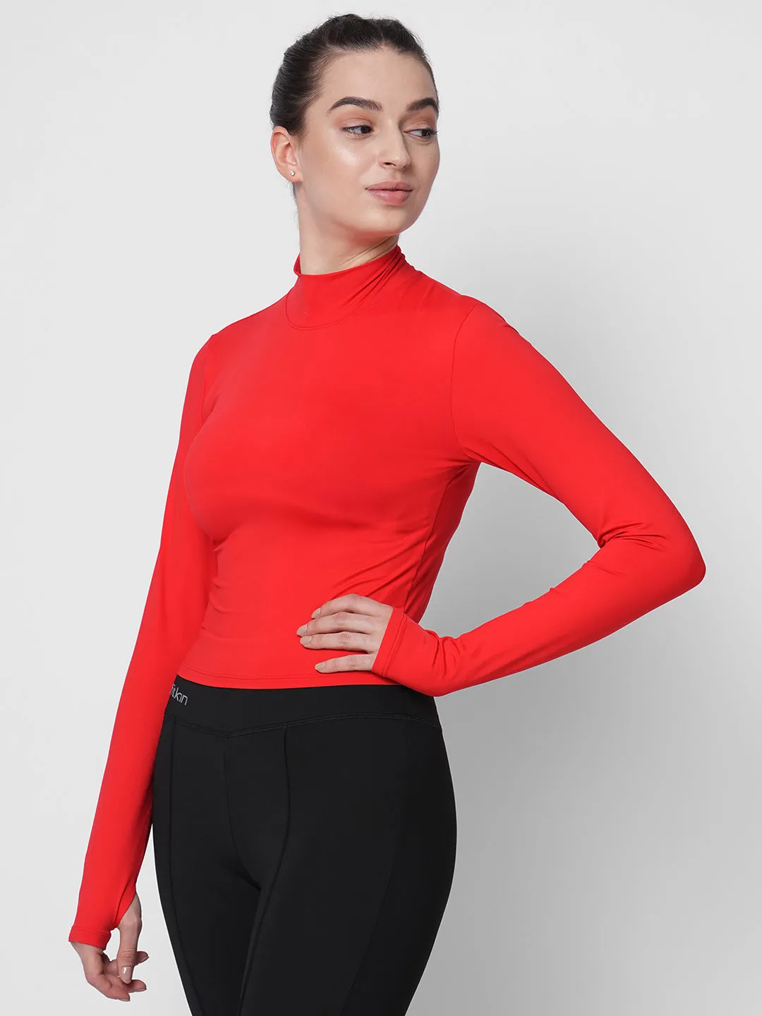 Fitkin women red high neck fitted tshirt