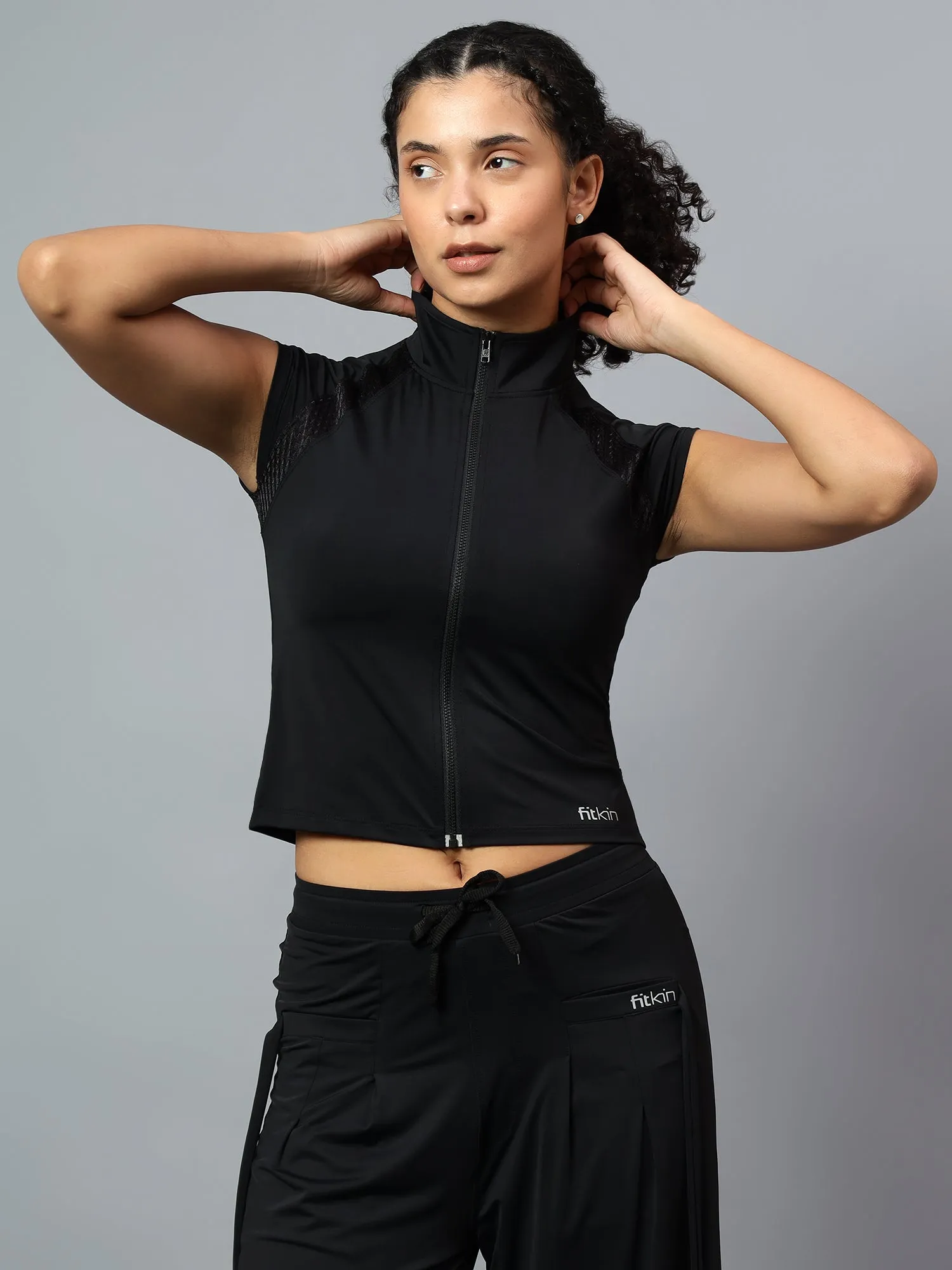 Fitkin Women's Black Front Open Front Zip Tshirt