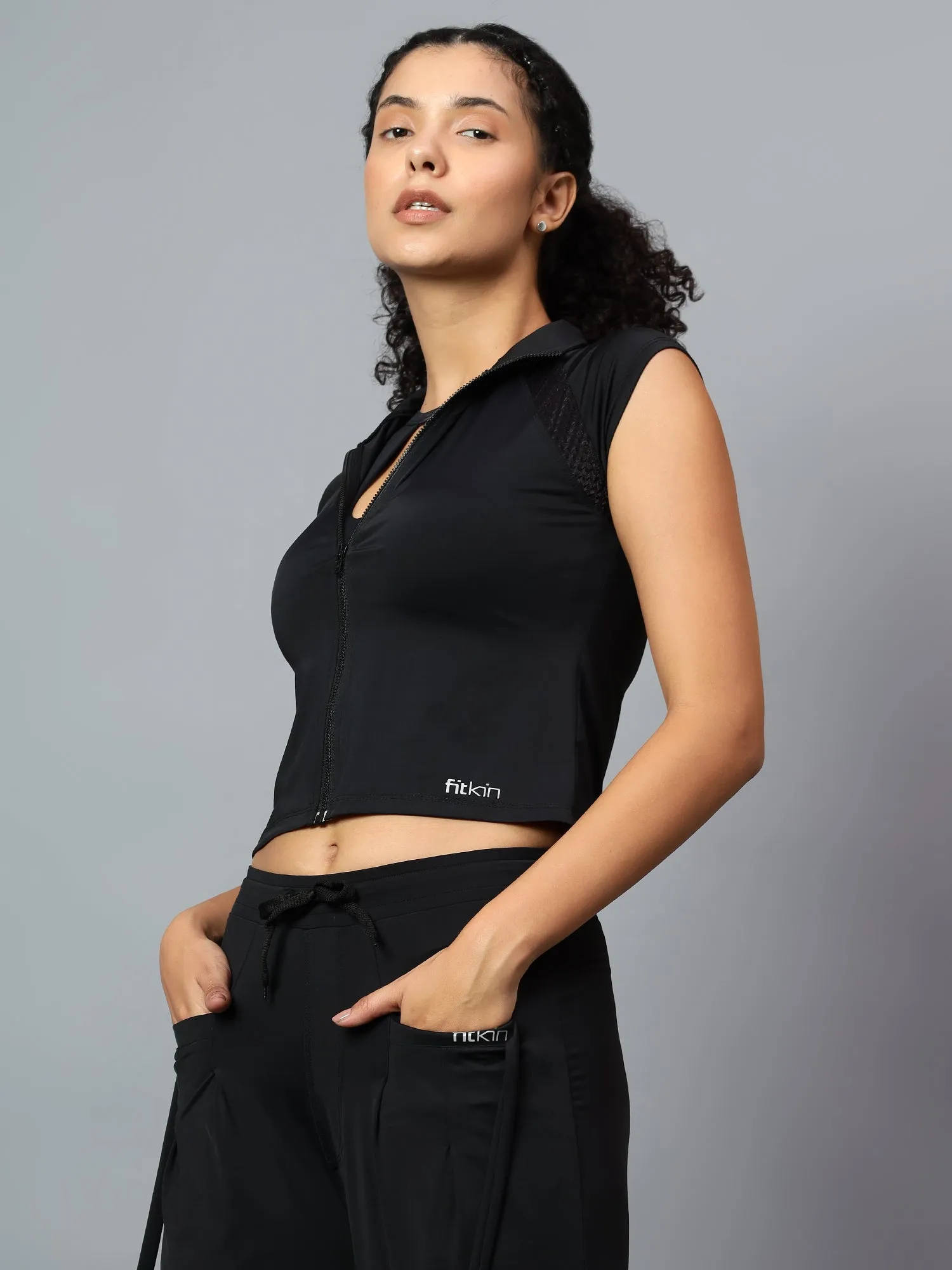 Fitkin Women's Black Front Open Front Zip Tshirt
