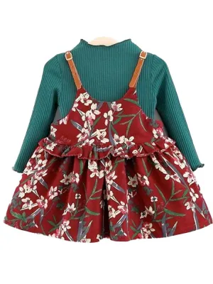 Floral Pinafore Girls Dress and Ribbed Long Sleeve Top - Berry Red and Green