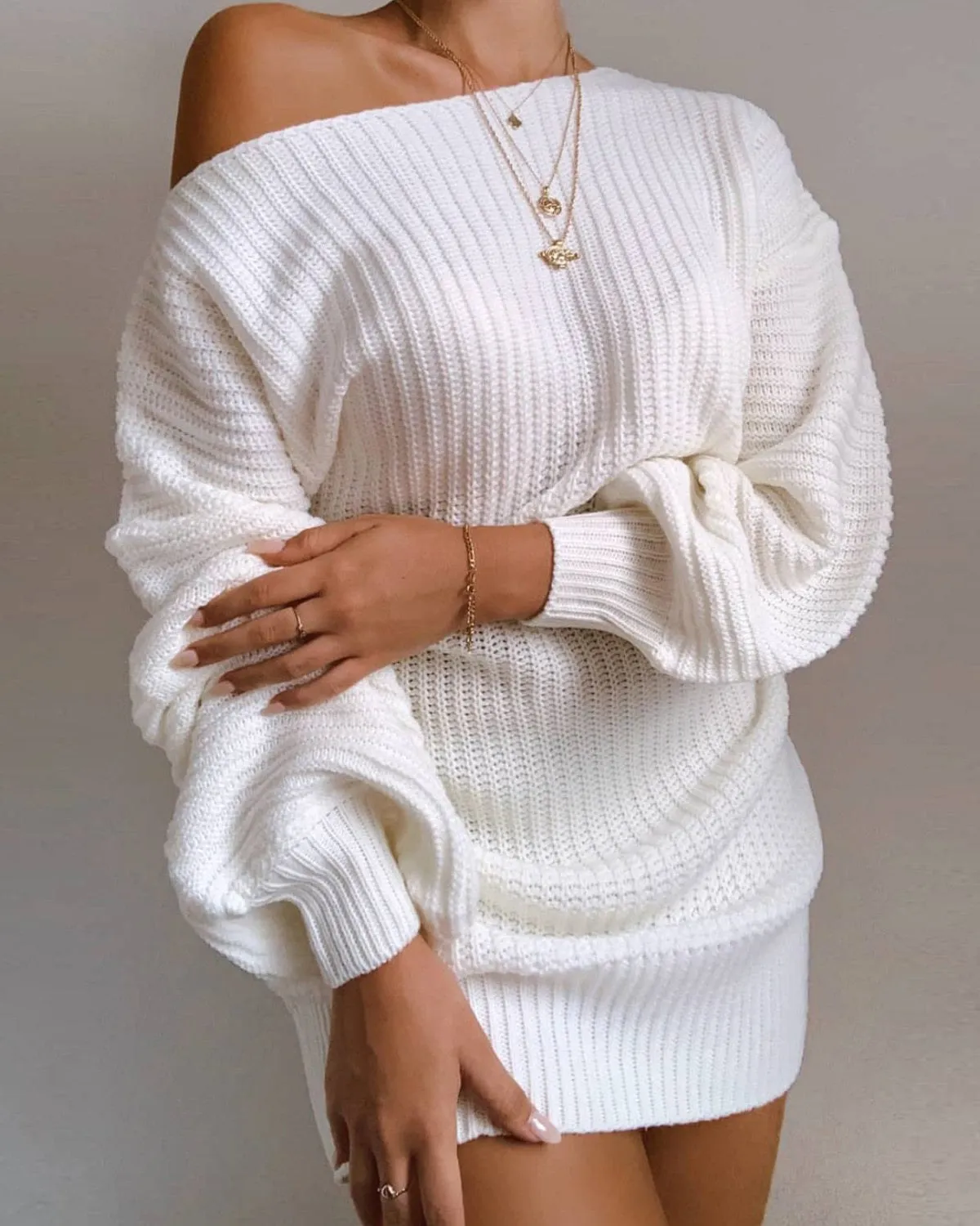 FOURBASIX Cold Shoulder Knit Sweater Dress