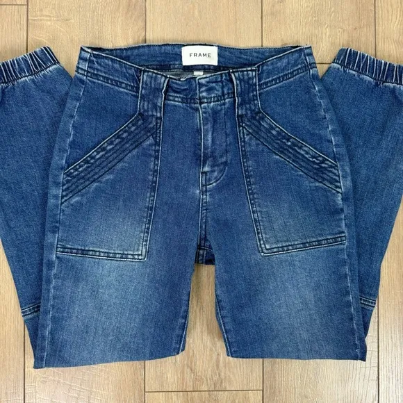 Frame Banded Bottom Trapunto Moto Jogger Jeans Waltz Blue Wash Denim Size 26