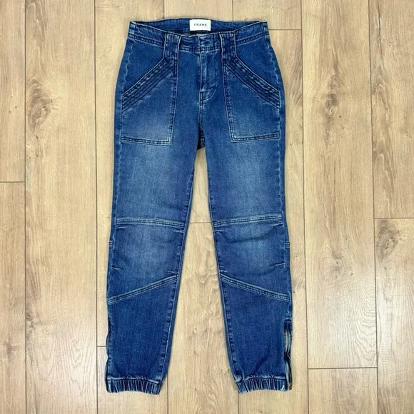 Frame Banded Bottom Trapunto Moto Jogger Jeans Waltz Blue Wash Denim Size 26