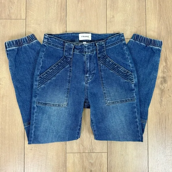 Frame Banded Bottom Trapunto Moto Jogger Jeans Waltz Blue Wash Denim Size 26