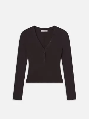 FRAME - Slinky Long Sleeve Rib Henley - Chocolate Brown
