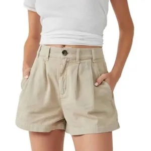 Free People Billy Pleated Chino Shorts in Almond Milk Khaki Size 14 NEW