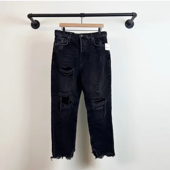 Free People Tapered Boyfriend Jeans in Obsidian Black, Distressed NEW NWT