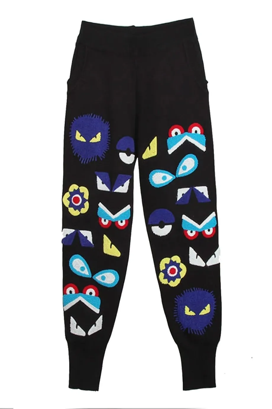Funny Eyes Black Knitted Top and Pants Set with Multicolored Embroidery