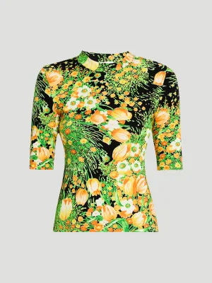 Garden Floral-Print Cropped Sleeve T- Shirt