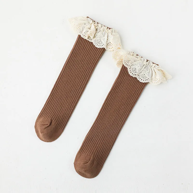 Girls Lace Trim Knee High Socks