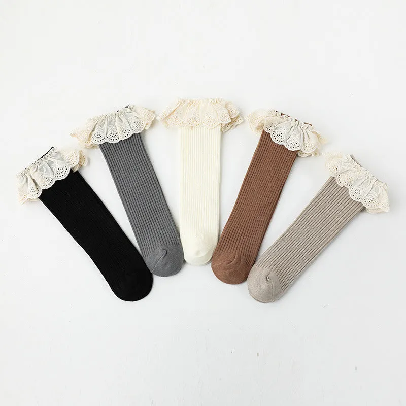 Girls Lace Trim Knee High Socks