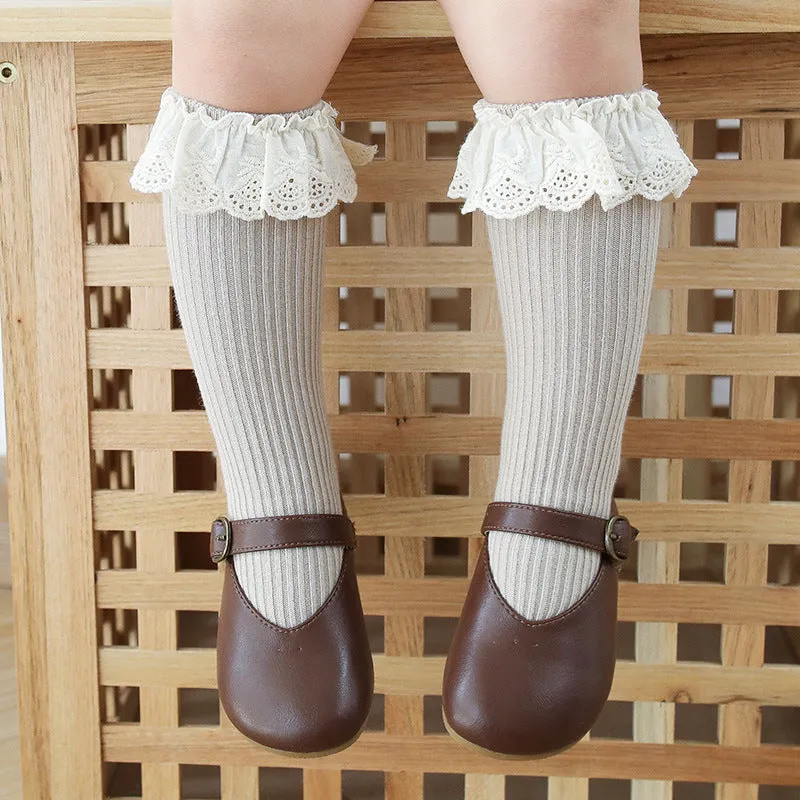 Girls Lace Trim Knee High Socks
