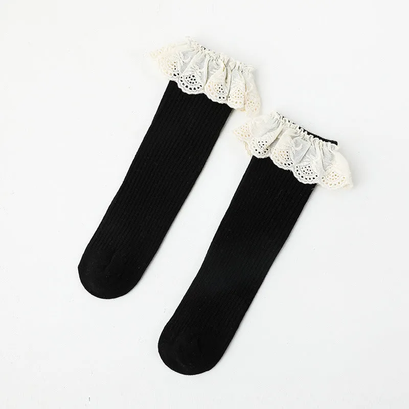 Girls Lace Trim Knee High Socks