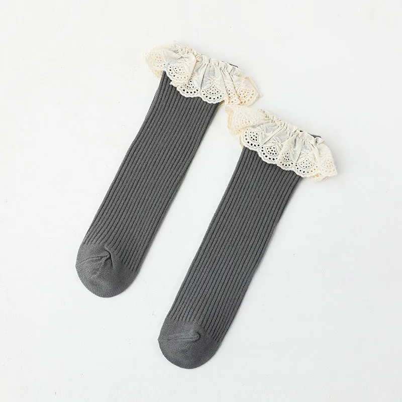Girls Lace Trim Knee High Socks